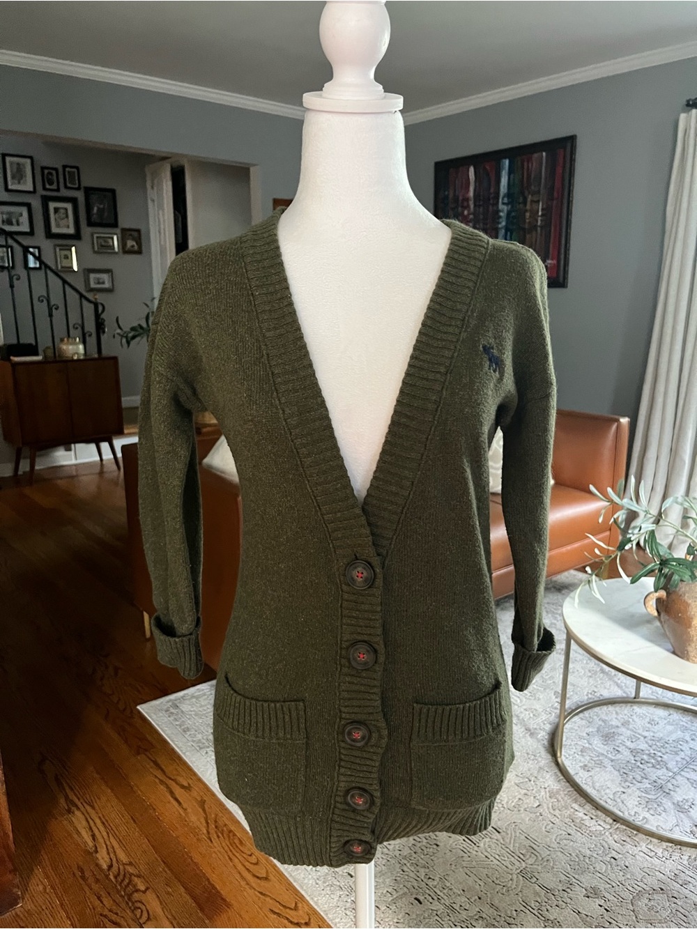 Abercrombie & Fitch Cardigan Sweater Womens L Green Long Lightweight Y2K Pockets